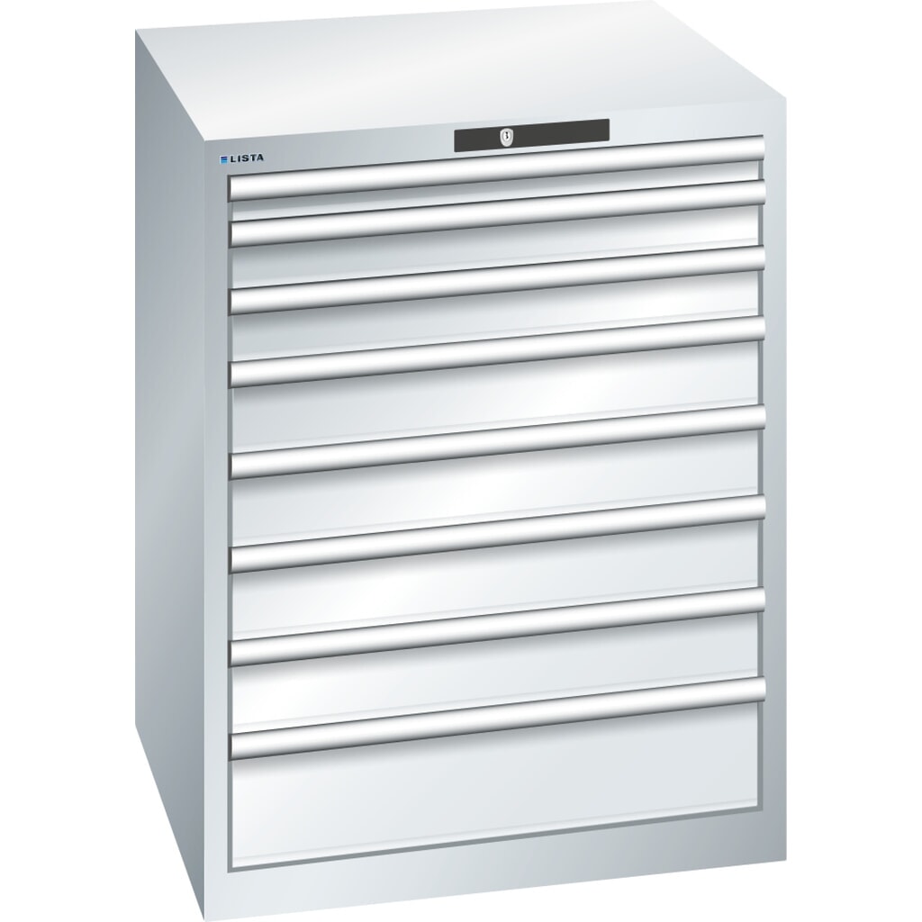 LISTA Schubladenschrank 36x36E, (BxTxH) 717x725x850mm, 8 Schubladen, Fronthöhen 50-150mm, lichtgrau, KEY Lock Produktabbildung: LISTA Schubladenschrank 36x36E, (BxTxH) 717x725x850mm, 8 Schubladen, Fronthöhen 50-150mm, lichtgrau, KEY Lock