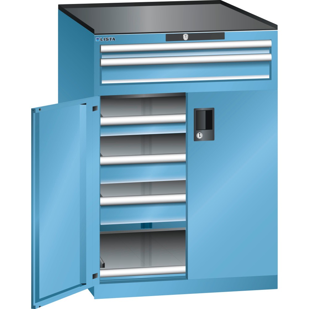 Produktabbildung: LISTA Schubladenschrank 36x36E, (BxTxH) 717x753x1020mm, 5 Schubladen, Fronthöhen 50-100mm, lichtblau, KEY Lock