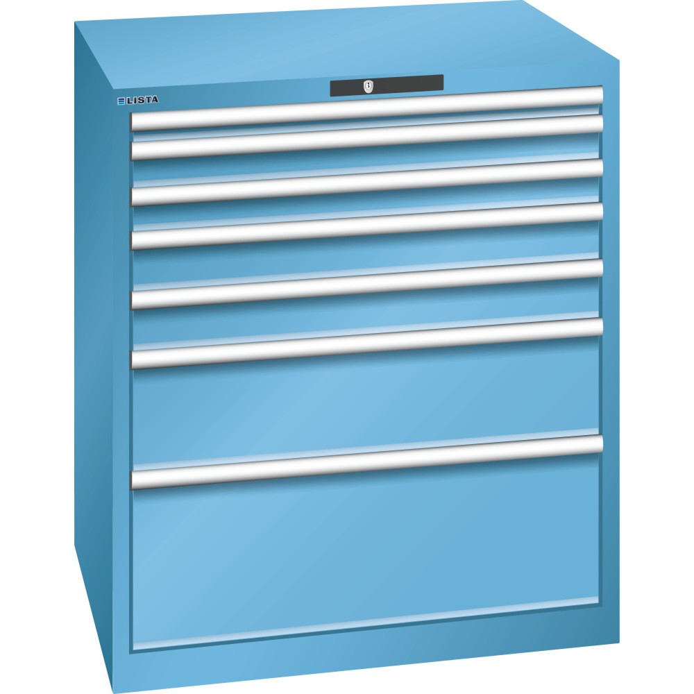 Produktabbildung: LISTA Schubladenschrank 45x36E, (BxTxH) 870x725x1000mm, 7 Schubladen TK 200kg, lichtblau, KEY Lock