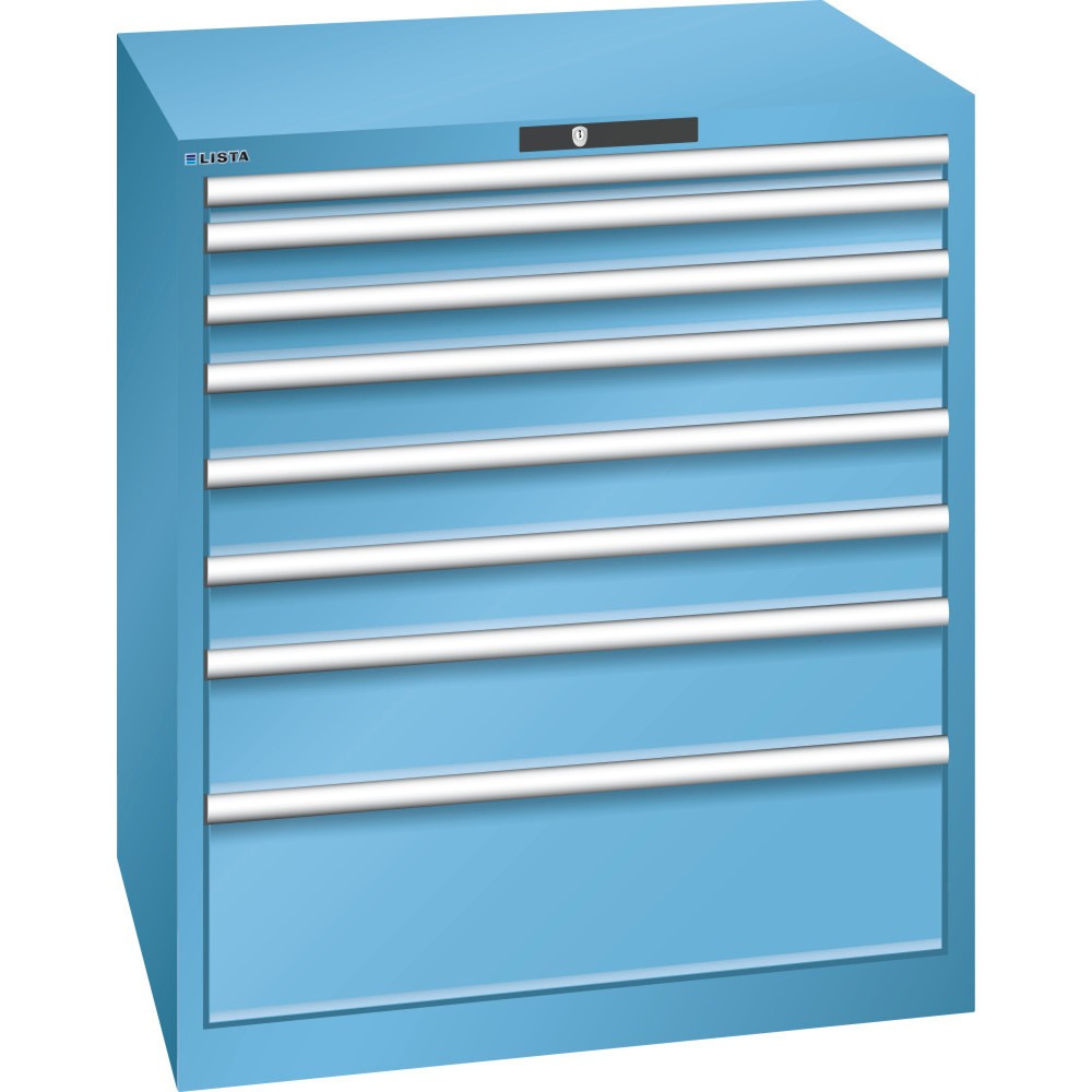 Produktabbildung: LISTA Schubladenschrank 45x36E, (BxTxH) 870x725x1000mm, 8 Schubladen, Fronthöhen 50-250mm, lichtblau, KEY Lock