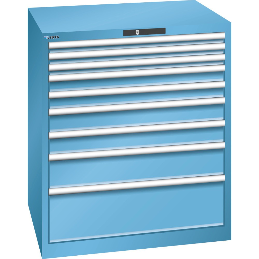 Produktabbildung: LISTA Schubladenschrank 45x36E, (BxTxH) 870x725x1000mm, 9 Schubladen, Fronthöhen 50-250mm, lichtblau, KEY Lock