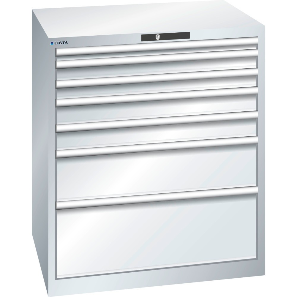 Produktabbildung: LISTA Schubladenschrank 45x36E, (BxTxH) 870x725x1000mm, 7 Schubladen, Fronthöhen 50-300mm, lichtgrau, CODE Lock