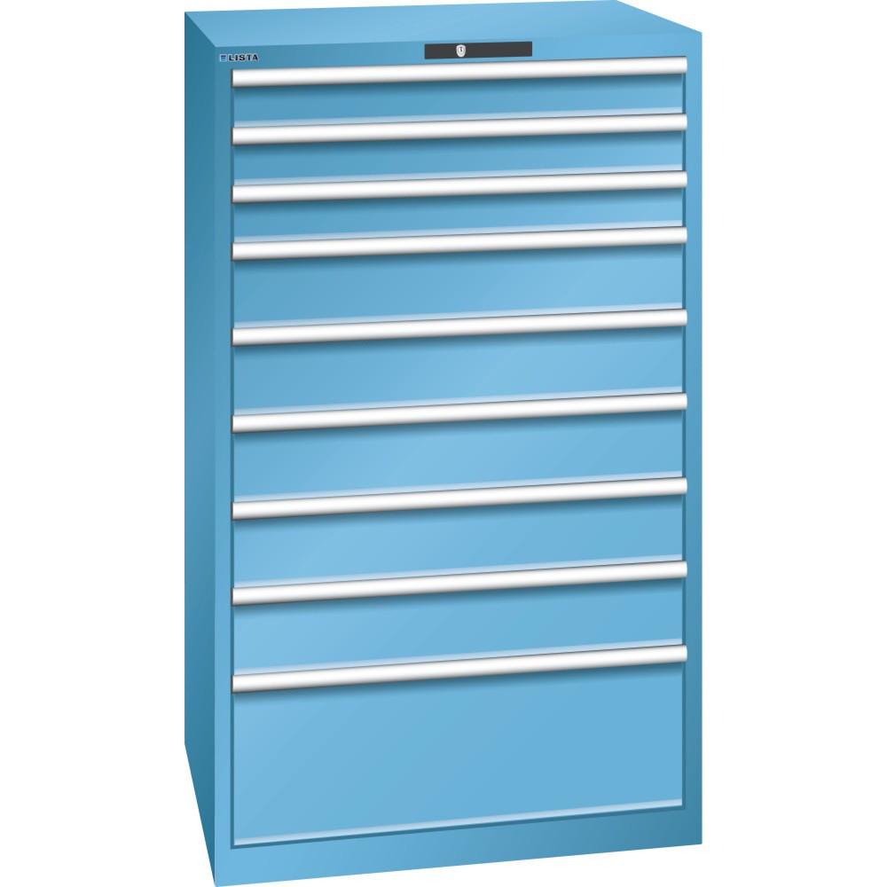 Produktabbildung: LISTA Schubladenschrank 45x36E, (BxTxH) 870x725x1450mm, 9 Schubladen TK 200kg, lichtblau, KEY Lock