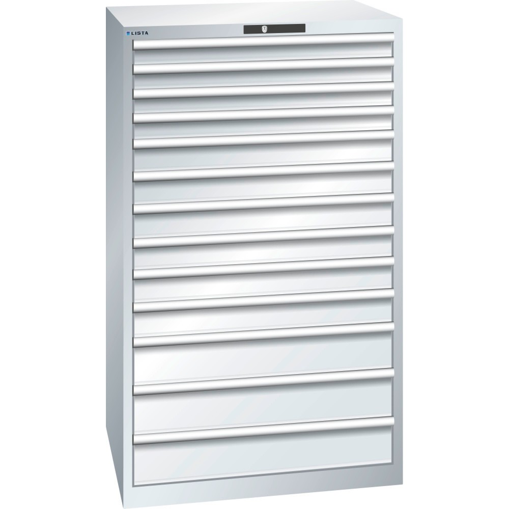 Produktabbildung: LISTA Schubladenschrank 45x36E, (BxTxH) 870x725x1450mm, 13 Schubladen, 4 x 75 / 6 x 100 / 3 x 150, lichtgrau, AUTO Lock