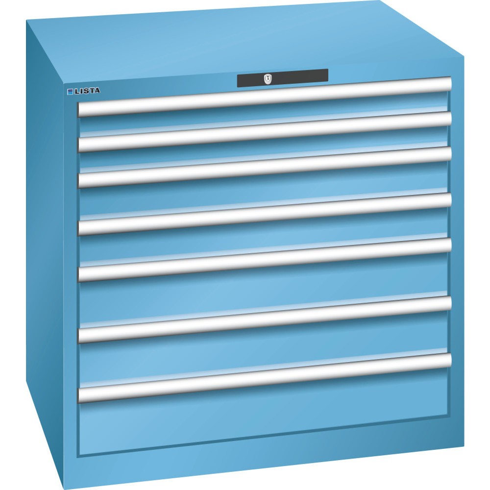 Produktabbildung: LISTA Schubladenschrank 45x36E, (BxTxH) 870x725x850mm, 7 Schubladen TK 200kg, lichtblau, KEY Lock