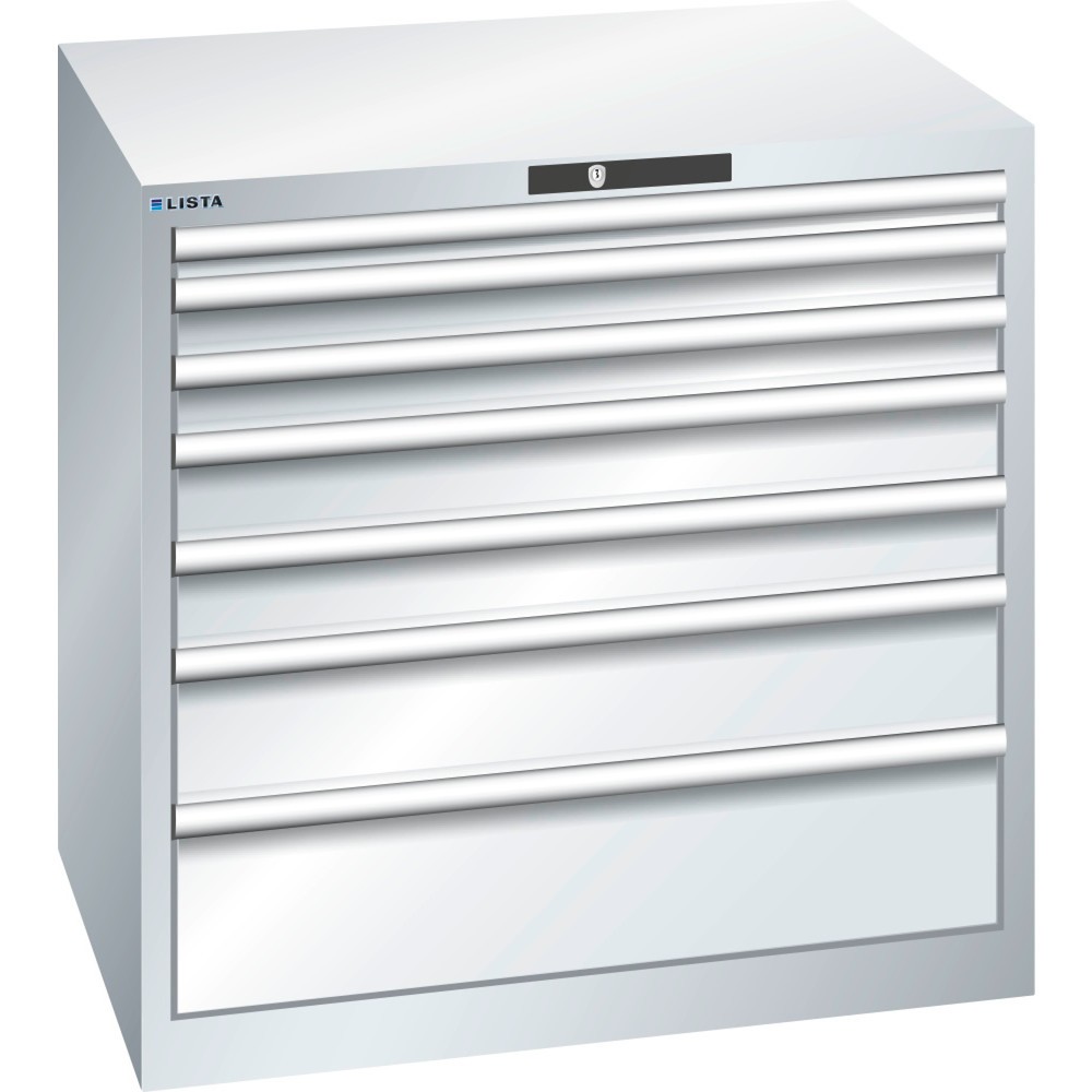 Produktabbildung: LISTA Schubladenschrank 45x36E, (BxTxH) 870x725x850mm, 7 Schubladen, Fronthöhen 50-200mm, lichtgrau, KEY Lock