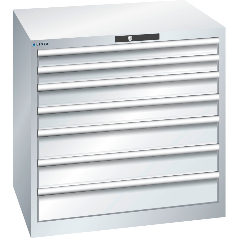 Produktabbildung: LISTA Schubladenschrank 45x36E, (BxTxH) 870x725x850mm, 7 Schubladen, Fronthöhen 75-150mm, lichtgrau, KEY Lock