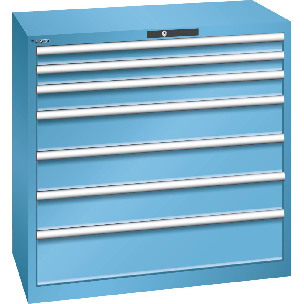 Produktabbildung: LISTA Schubladenschrank 54x27E, (BxTxH) 1023x572x1000mm, 7 Schubladen, Fronthöhen 75-200mm, lichtblau, KEY Lock