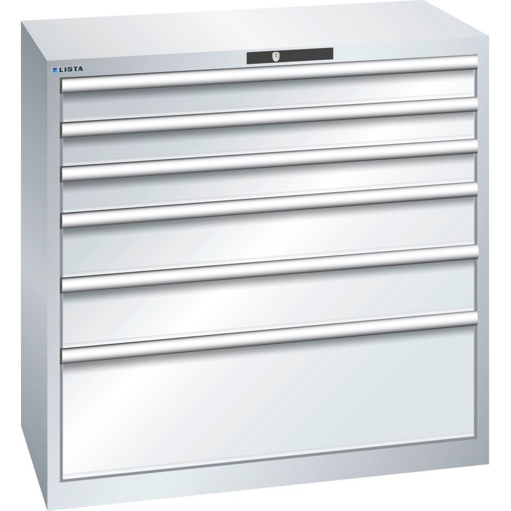 Produktabbildung: LISTA Schubladenschrank 54x27E, (BxTxH) 1023x572x1000mm, 6 Schubladen, 3 x 100 / 2 x 150 / 1 x 300, lichtgrau, CODE Lock