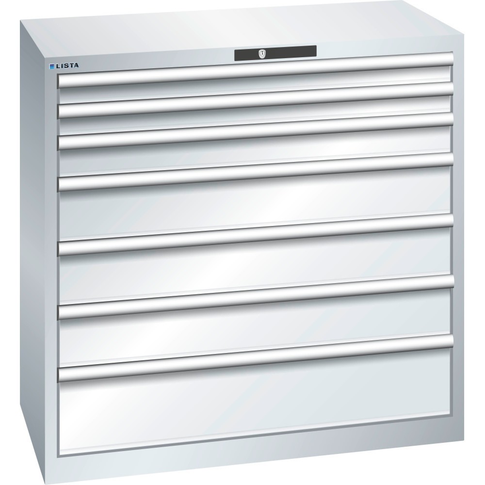 Produktabbildung: LISTA Schubladenschrank 54x27E, (BxTxH) 1023x572x1000mm, 7 Schubladen TK 200kg, lichtgrau, CODE Lock