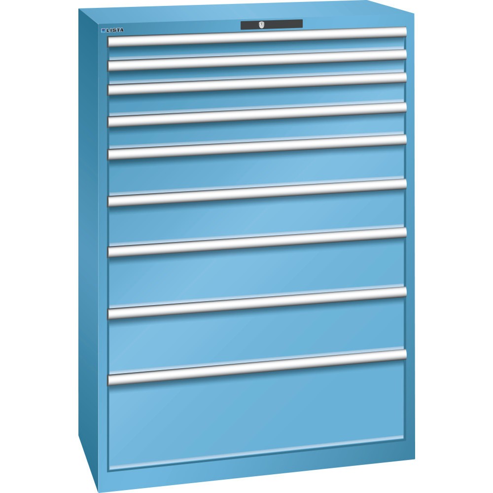 Produktabbildung: LISTA Schubladenschrank 54x27E, (BxTxH) 1023x572x1450mm, 9 Schubladen, Fronthöhen 75-300mm, lichtblau, KEY Lock