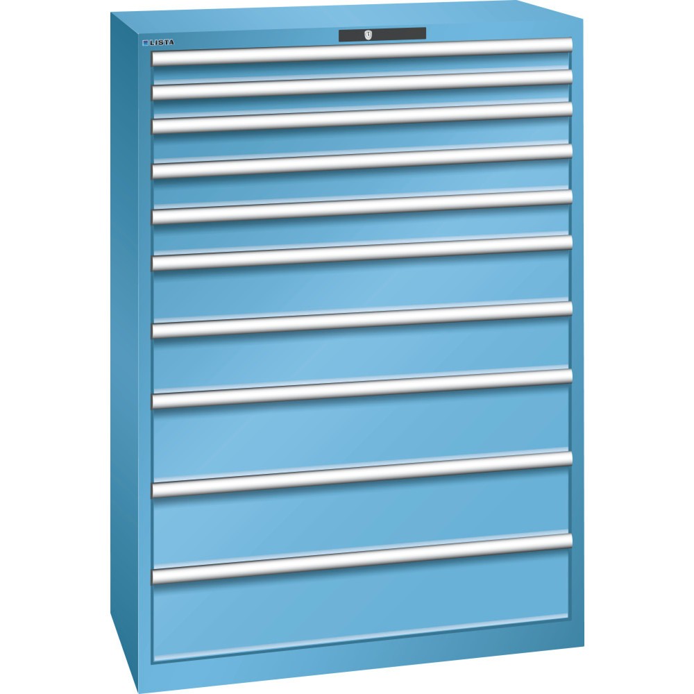 Produktabbildung: LISTA Schubladenschrank 54x27E, (BxTxH) 1023x572x1450mm, 10 Schubladen, Fronthöhen 75-200mm, lichtblau, AUTO Lock
