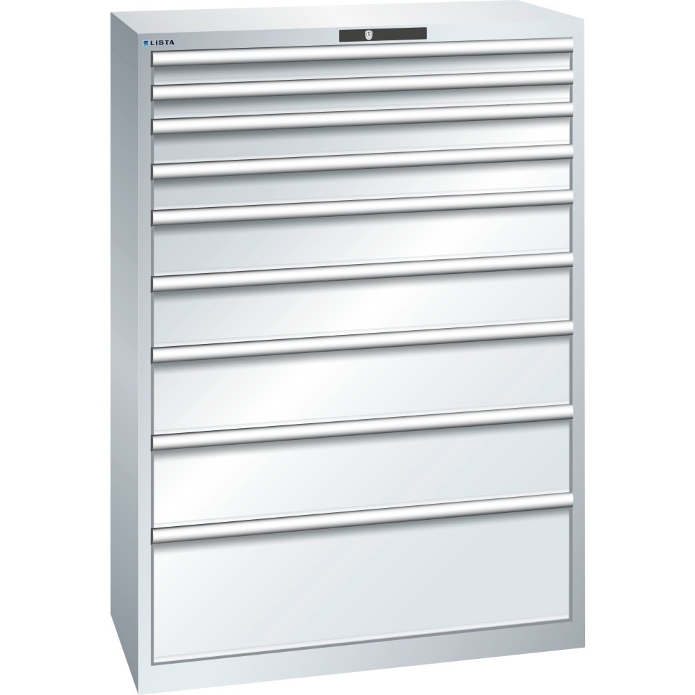 Produktabbildung: LISTA Schubladenschrank 54x27E, (BxTxH) 1023x572x1450mm, 9 Schubladen TK 200kg, lichtgrau, RFID Lock