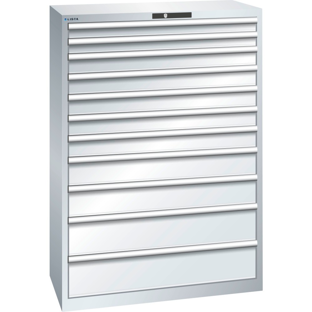 Produktabbildung: LISTA Schubladenschrank 54x27E, (BxTxH) 1023x572x1450mm, 11 Schubladen TK 200kg, lichtgrau, KEY Lock