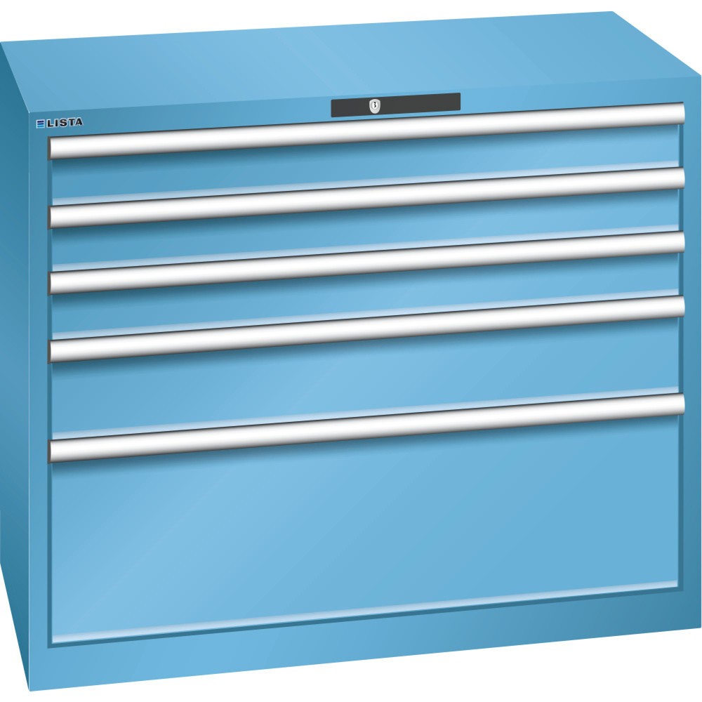 Produktabbildung: LISTA Schubladenschrank 54x27E, (BxTxH) 1023x572x850mm, 5 Schubladen TK 200kg, lichtblau, KEY Lock