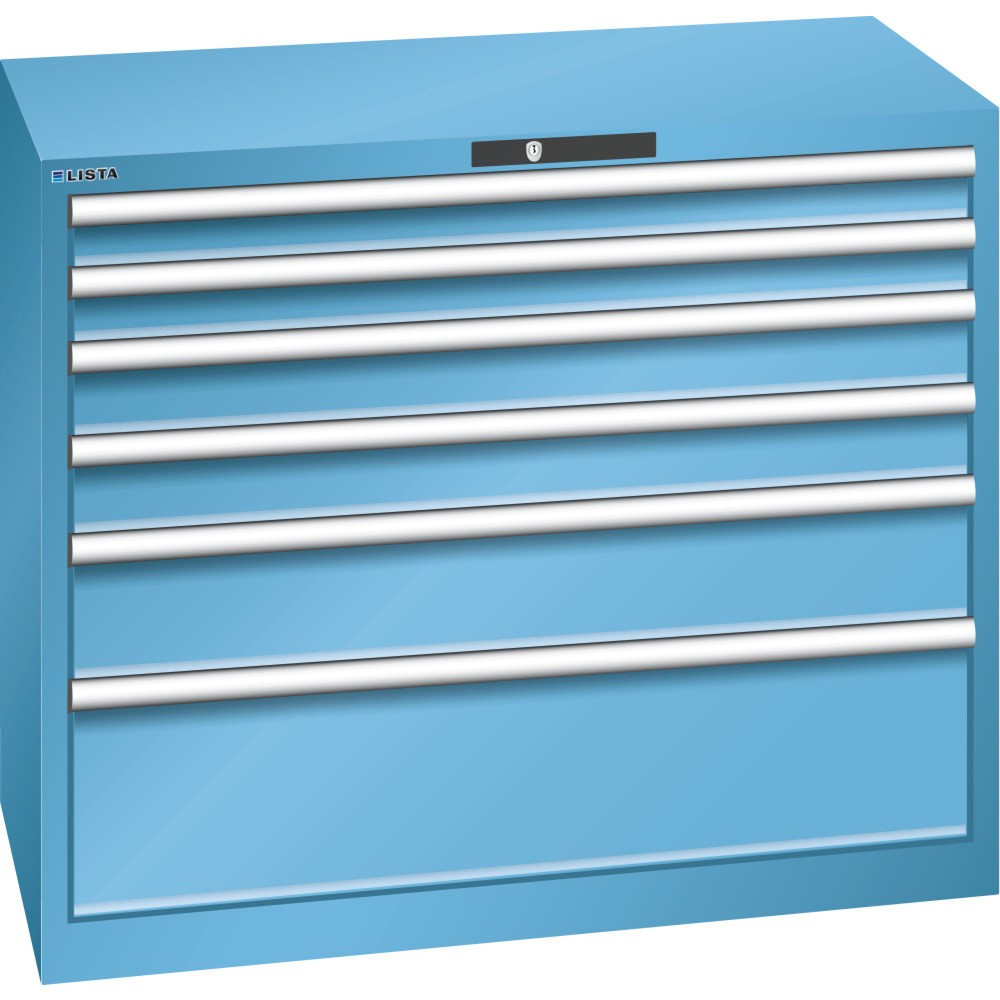 Produktabbildung: LISTA Schubladenschrank 54x27E, (BxTxH) 1023x572x850mm, 6 Schubladen, Fronthöhen 75-250mm, lichtblau, KEY Lock