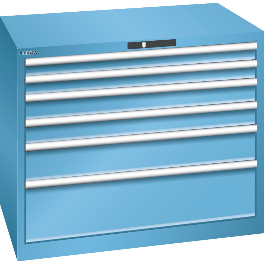 Produktabbildung: LISTA Schubladenschrank 54x36E, (BxTxH) 1023x725x850mm, 6 Schubladen, Fronthöhen 75-250mm, lichtblau, AUTO Lock