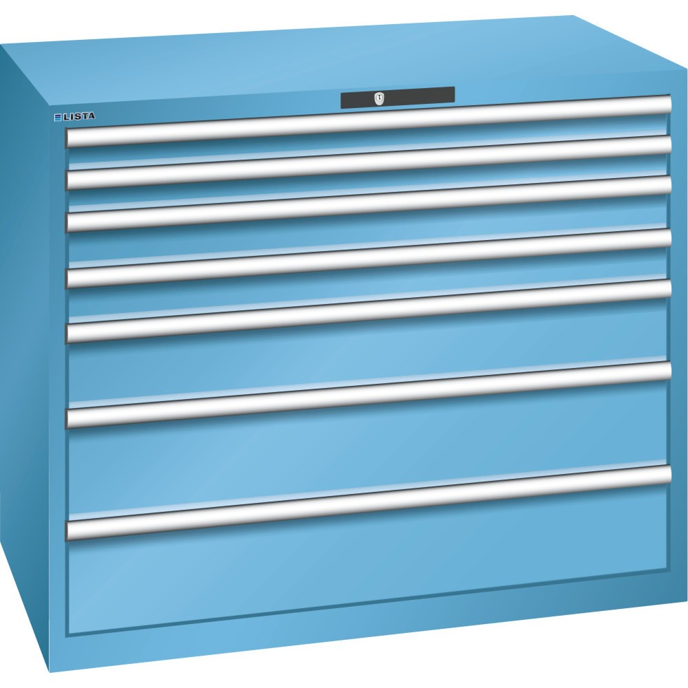 Produktabbildung: LISTA Schubladenschrank 64x36E, (BxTxH) 1193x725x1000mm, 7 Schubladen TK 200kg, lichtblau, RFID Lock