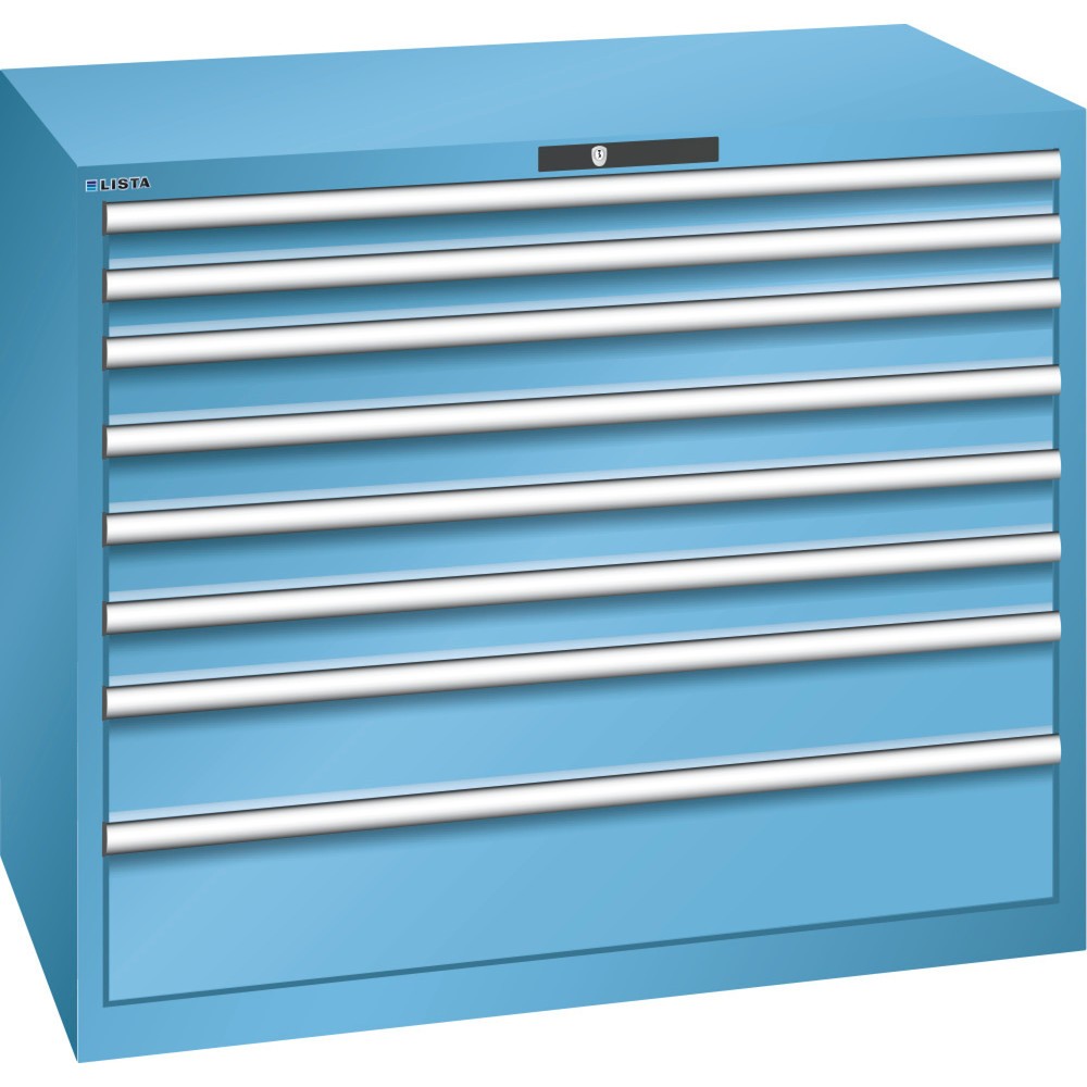 Produktabbildung: LISTA Schubladenschrank 64x36E, (BxTxH) 1193x725x1000mm, 8 Schubladen TK 200kg, lichtblau, KEY Lock