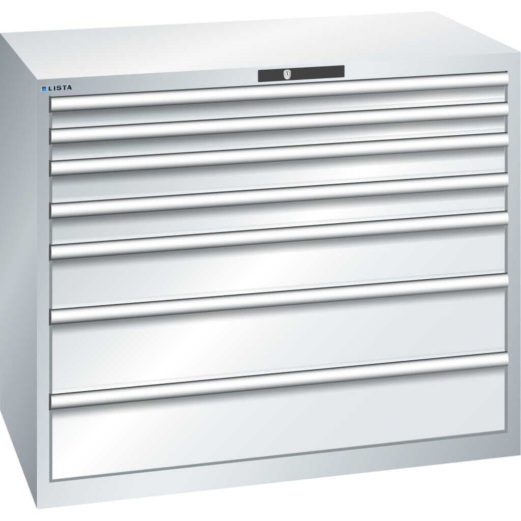 Produktabbildung: LISTA Schubladenschrank 64x36E, (BxTxH) 1193x725x1000mm, 7 Schubladen TK 200kg, lichtgrau, RFID Lock