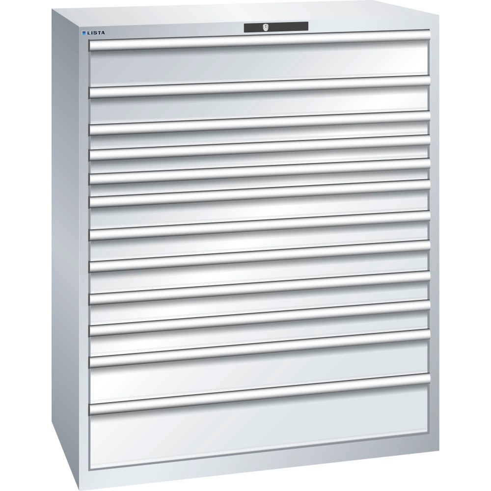 Produktabbildung: LISTA Schubladenschrank 64x36E, (BxTxH) 1193x725x1450mm, 12 Schubladen TK 200kg, lichtgrau, RFID Lock