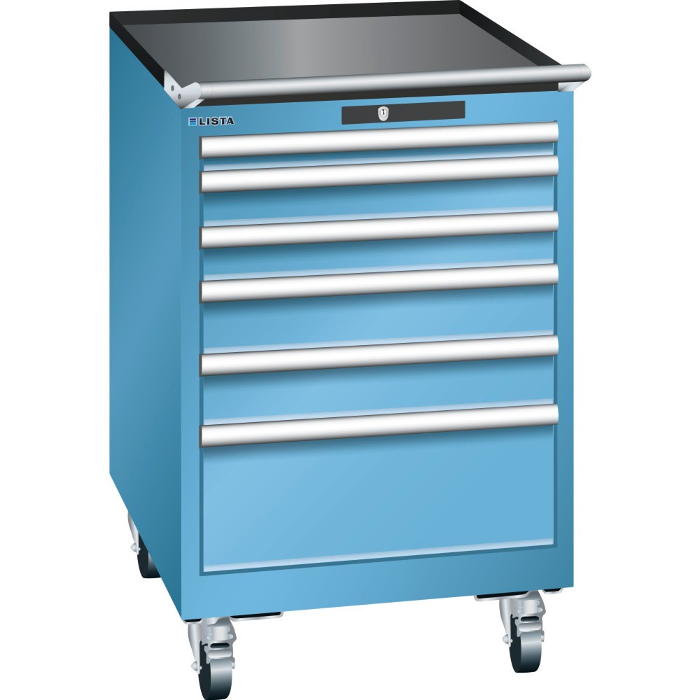 Produktabbildung: LISTA Werkstattwagen 27x36E, (BxTxH) 564x725x890mm, 6 Schubladen, Fronthöhen 50-200mm, lichtblau, RFID Lock