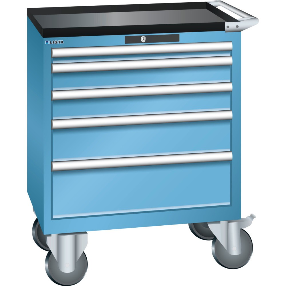 Produktabbildung: LISTA Werkstattwagen 36x27E, (BxTxH) 717x572x962mm, 5 Schubladen, Fronthöhen 50-200mm, lichtblau, KEY Lock