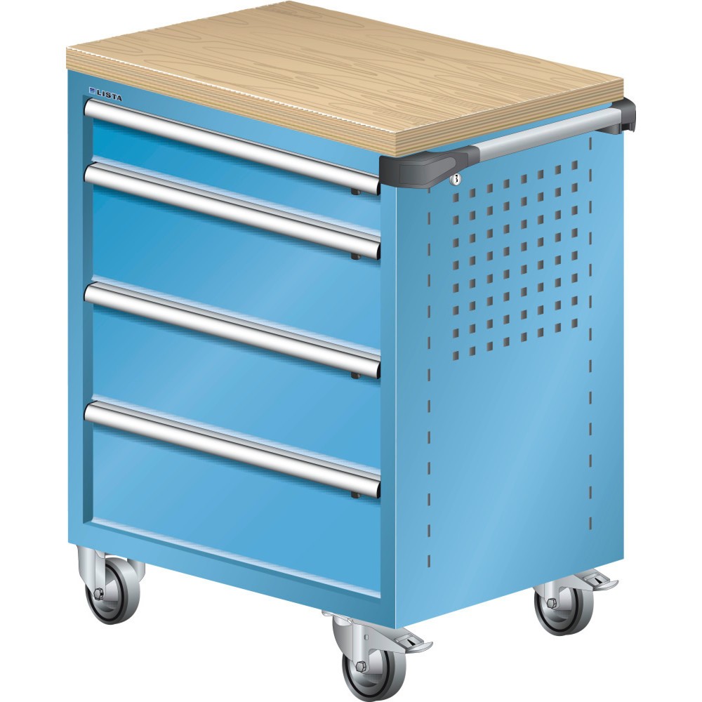 Produktabbildung: LISTA Werkstattwagen 36x27E, (BxTxH) 894x525x928mm, Multiplexplatte, 4 Schubladen, lichtblau