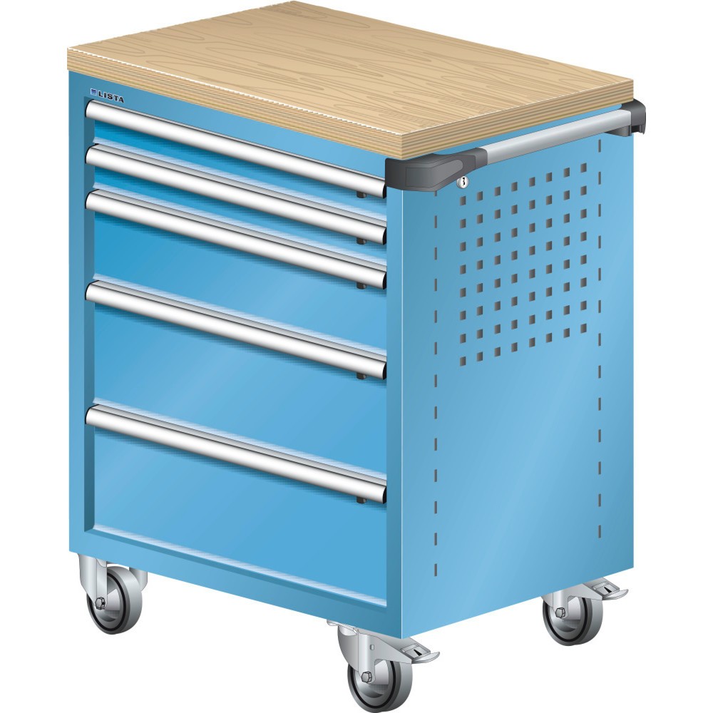 Produktabbildung: LISTA Werkstattwagen 36x27E, (BxTxH) 894x525x928mm, Multiplexplatte, 5 Schubladen, lichtblau