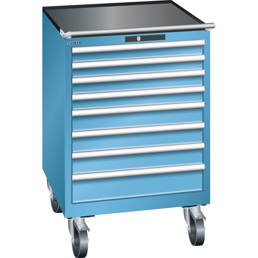 Produktabbildung: LISTA Werkstattwagen 36x36E, (BxTxH) 717x725x1112mm, 8 Schubladen, 4 x 75 / 3 x 100 / 1 x 150, lichtblau, AUTO Lock