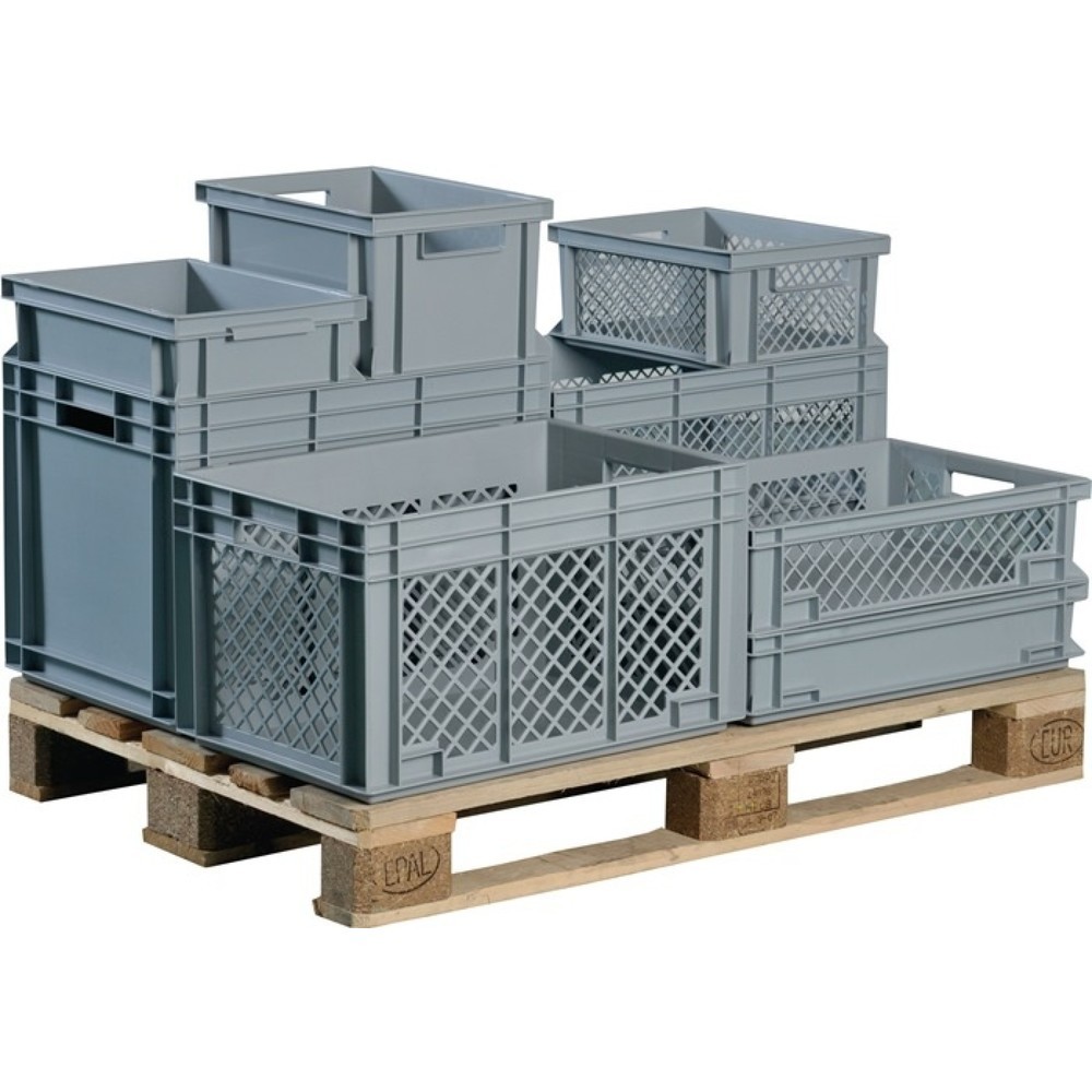 Illustration du produit: LOCKWEILER eurobox, poignée ouverte vert grise, L 600 x l 400 x H 150 mm, parois latérales perforées