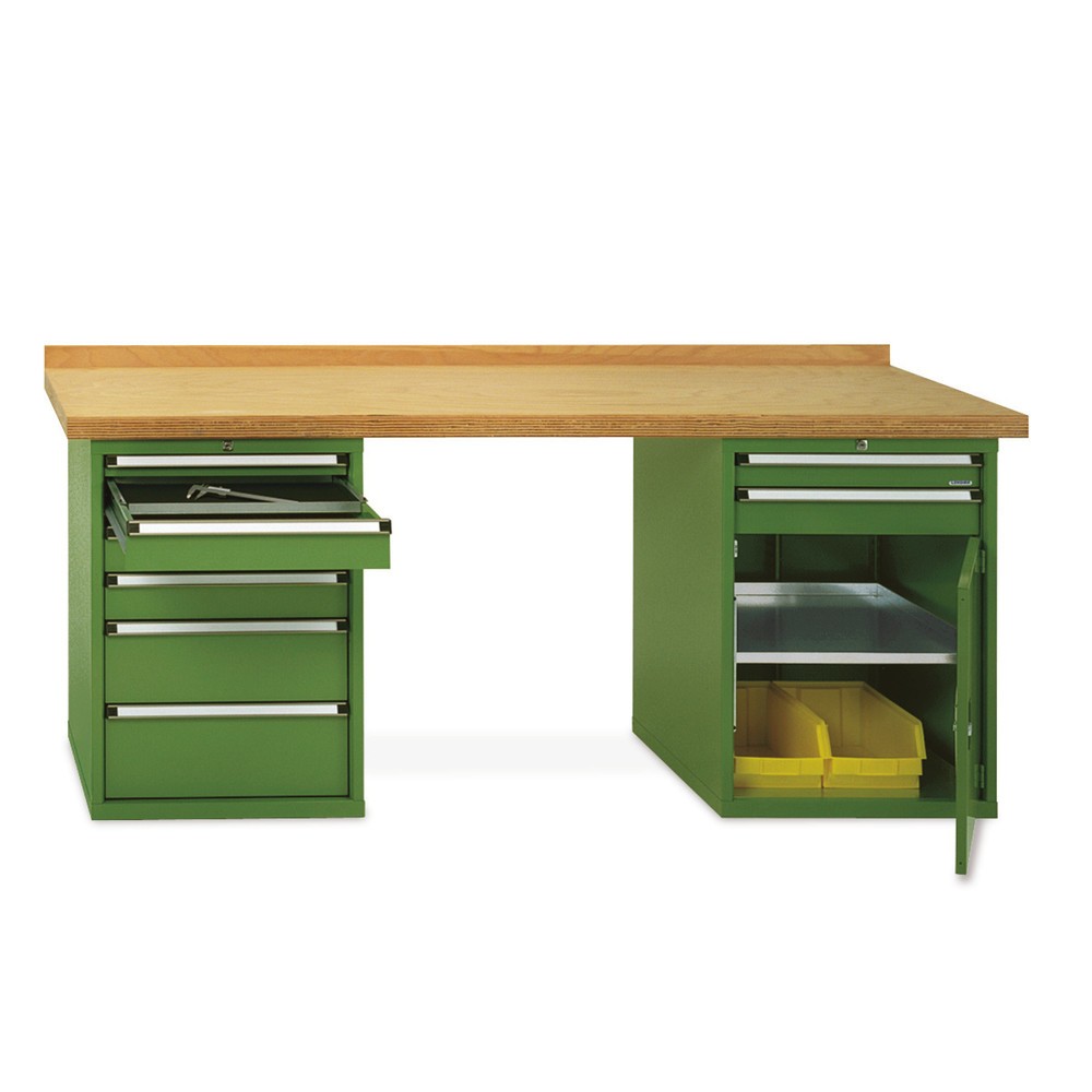 Illustration du produit: LOKOMA Établi lourd Premium avec 2 blocs-tiroirs, capacité de charge de 1 200 kg, H x l x P 850 x 2 000 x 700 mm, vert réséda