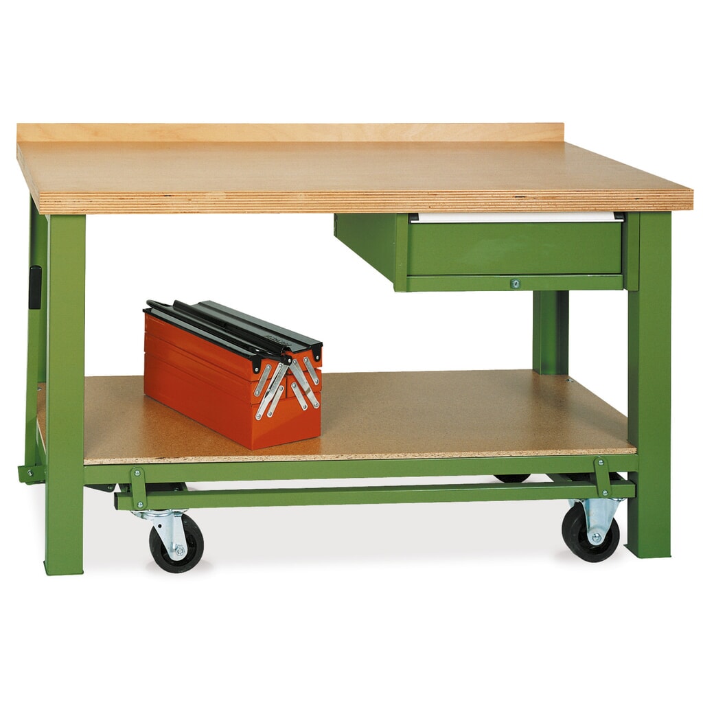 Produktabbildung: LOKOMA Mobiler Werkbanktisch Premium mit Schublade, TK 850 kg, HxBxT 850 x 1.500 x 700 mm, resedagrün