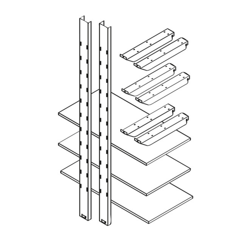 Product afbeelding: Magazijnrek 1.000 - 3 niveaus, voor materiaalcontainers XL + XXL, 3 niveaus, 2 zuilen, 6 draagarmen van verzinkt plaatstaal, 3 houten legborden 1.000 x 500 mm