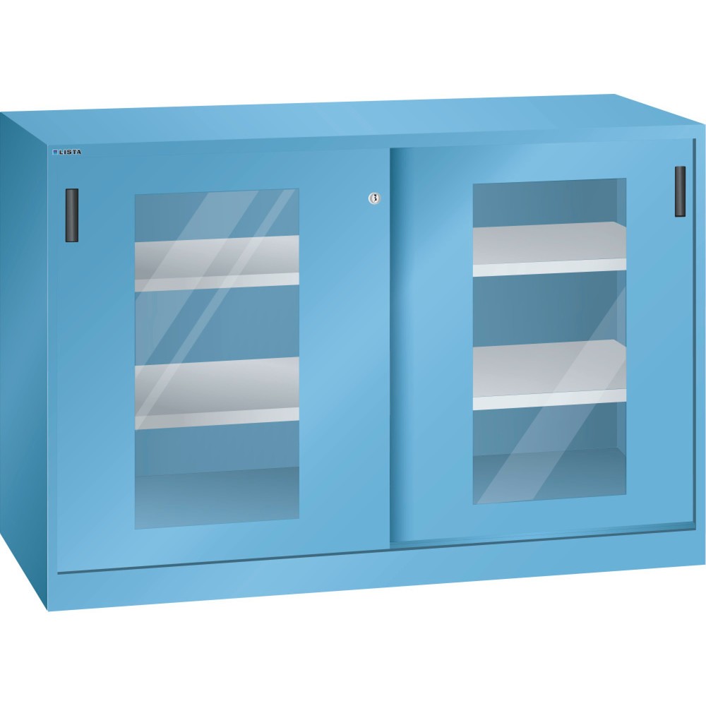Obrázek produktu: Manipulační skříň LISTA s posuvnými dveřmi, (ŠxV) 1500x1000 mm, 4 nastavitelné police, průzor, hloubka 400 mm, světle modrá
