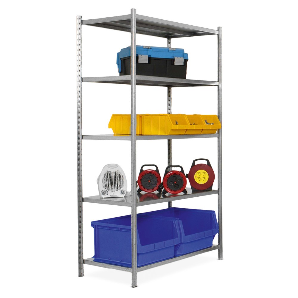 Produktabbildung: ManOrga Fachbodenregal, GF, mit Stahlblechauflagen, FL 148 kg, verzinkt, HxBxT 2.000 x 1.250 x 388 mm