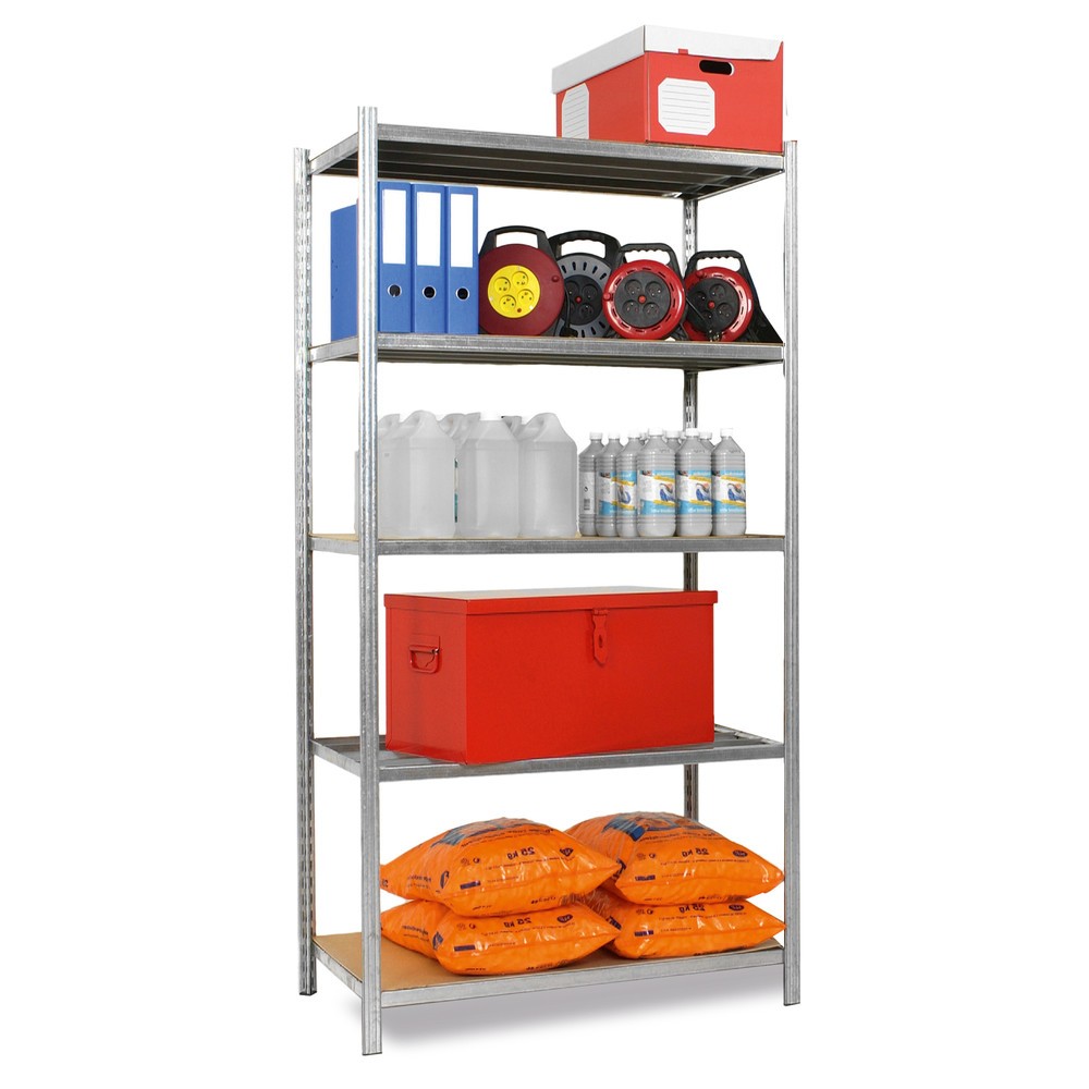 Produktabbildung: ManOrga Fachbodenregal, GF, mit Spanplatten, FL 148 kg, verzinkt, HxBxT 2.000 x 1.250 x 388 mm