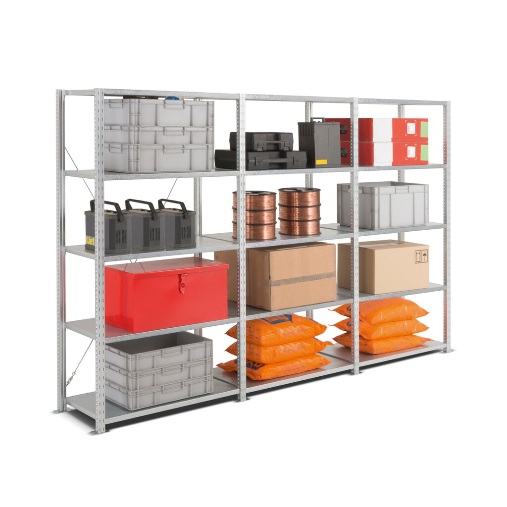 ManOrga Komplettpaket Fachbodenregal, Fachlast 340 kg, HxBxT 2.000 x 3.043 x 510 mm Produktabbildung: ManOrga Komplettpaket Fachbodenregal, Fachlast 340 kg, HxBxT 2.000 x 3.043 x 510 mm