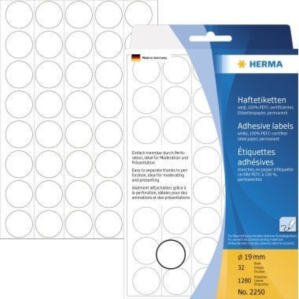 Produktabbildung: HERMA Markierungspunkt 2250 19mm Papier weiß 1.280 St./Pack.