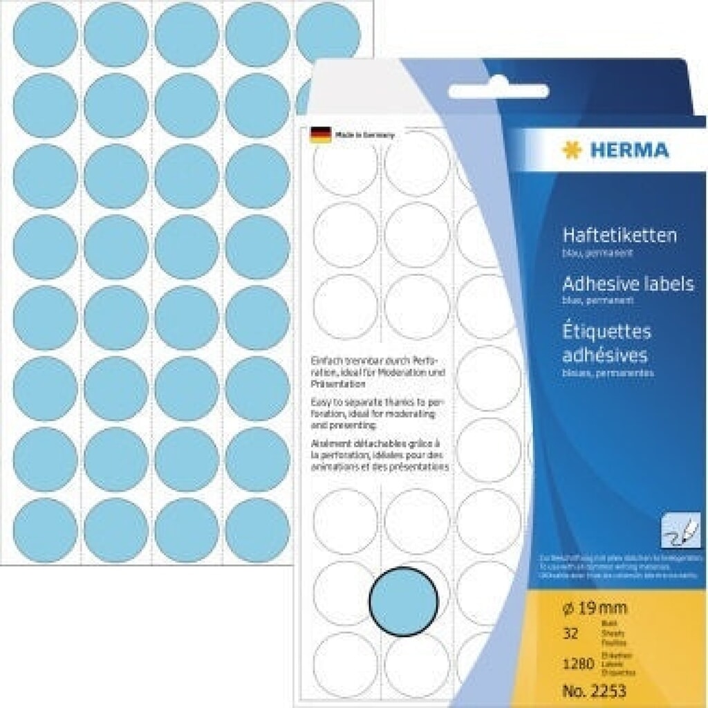 HERMA Markierungspunkt 2253 19mm Papier blau 1.280 St./Pack. Produktabbildung: HERMA Markierungspunkt 2253 19mm Papier blau 1.280 St./Pack.