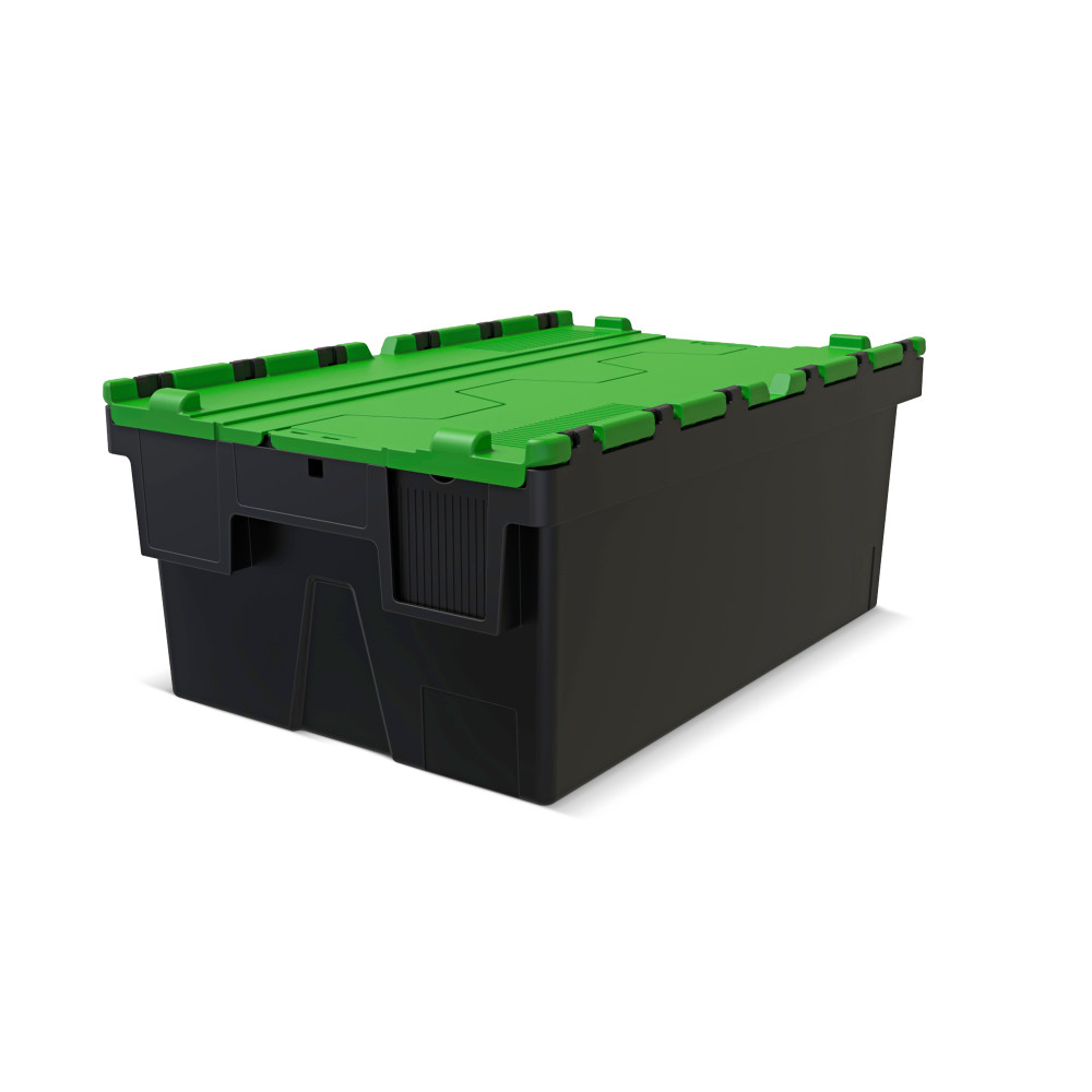 Produktabbildung: Alpha Eurobox aus PP-Regranulat mit Klappdeckel, schwarz/grün, 40 Liter, HxBxT 250 x 600 x 400 mm