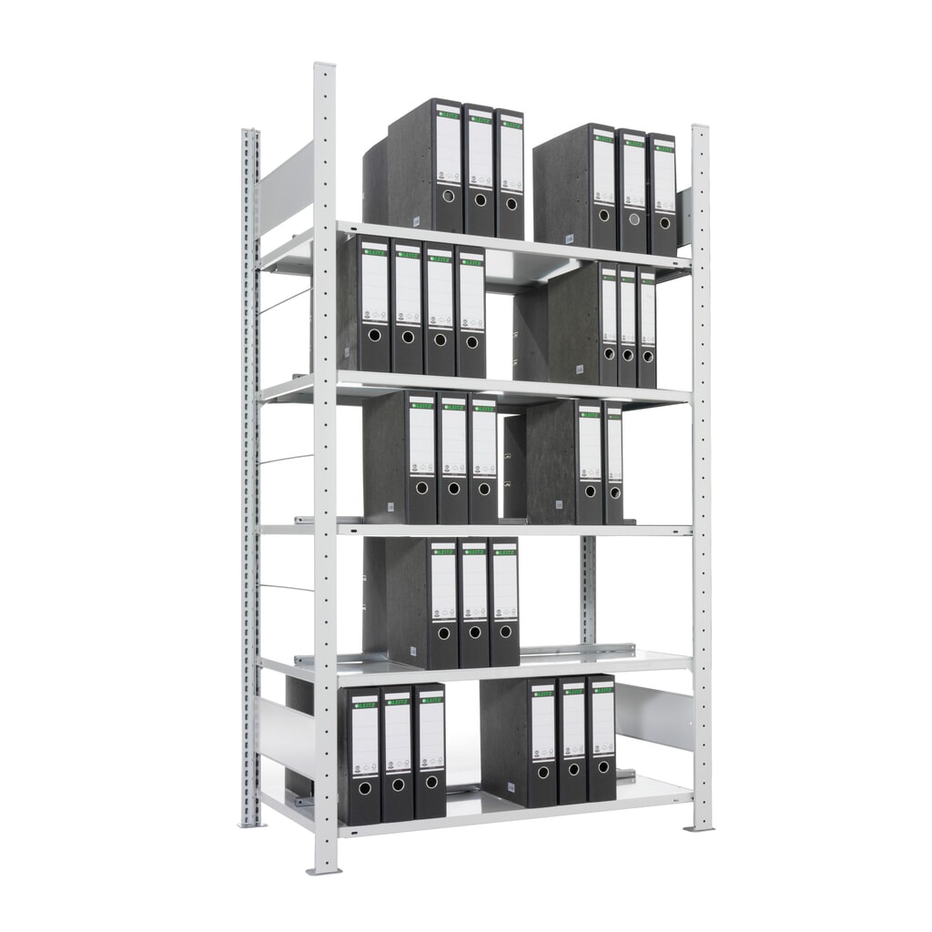 Produktabbildung: META Aktenregal GF, doppelseitig, ohne Abdeckboden, FL 80 kg, verzinkt, HxBxT 1.850 x 750 x 600 mm