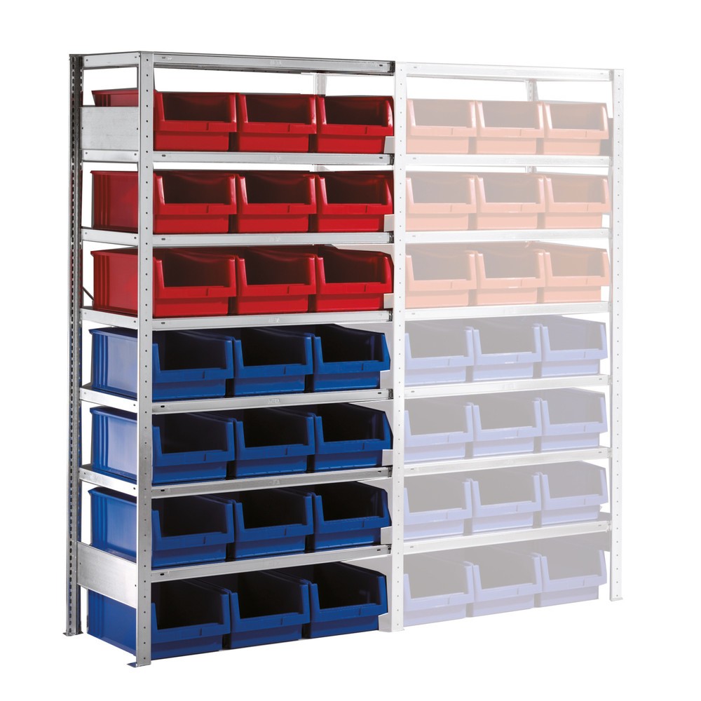 Produktabbildung: META Fachbodenregal, AF mit Sichtlagerkästen, FL 100 kg, 21 Kästen, HxBxT 2.000 x 1.000 x 500 mm