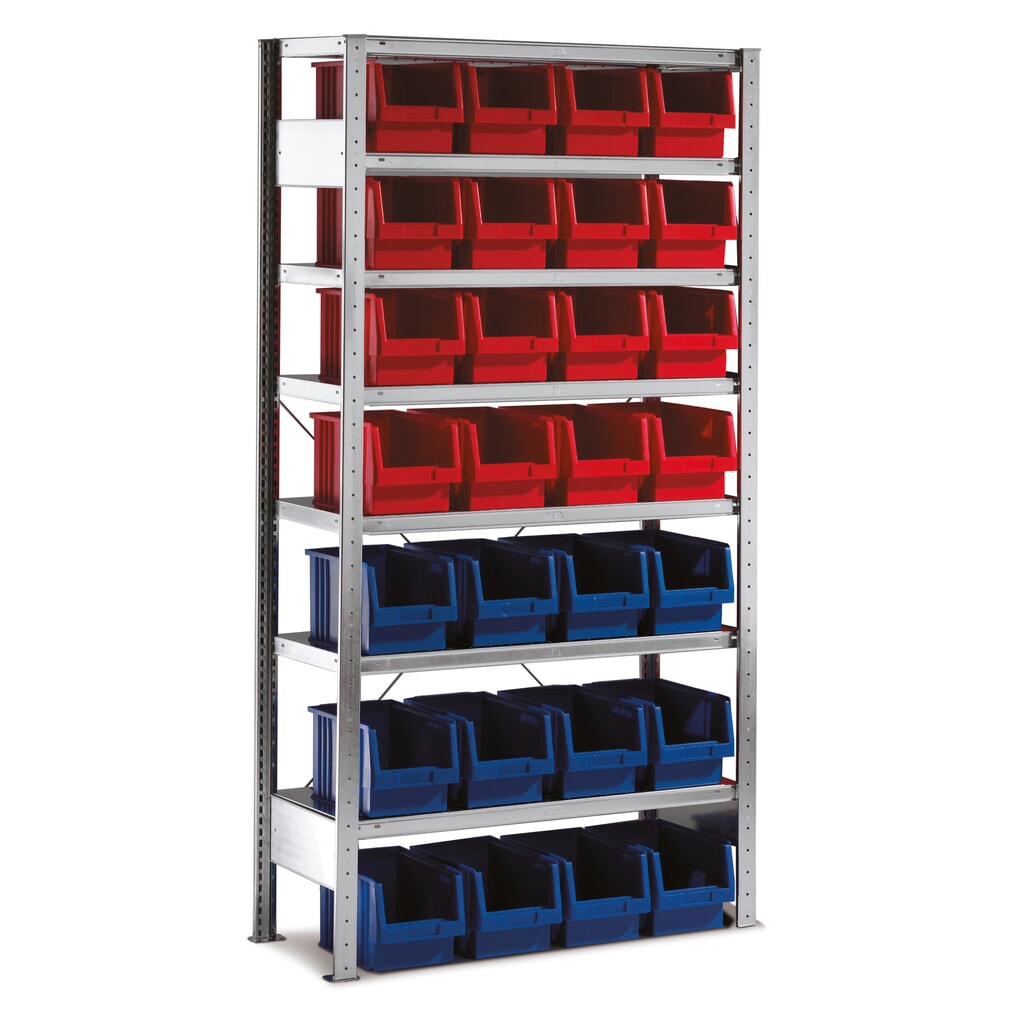 Produktabbildung: META Fachbodenregal, GF mit Sichtlagerkästen, FL 100 kg, 28 Kästen, HxBxT 2.000 x 1.000 x 400 mm