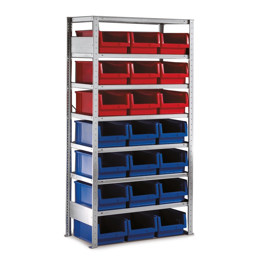Produktabbildung: META Fachbodenregal, GF mit Sichtlagerkästen, FL 100 kg, 21 Kästen, HxBxT 2.000 x 1.000 x 500 mm