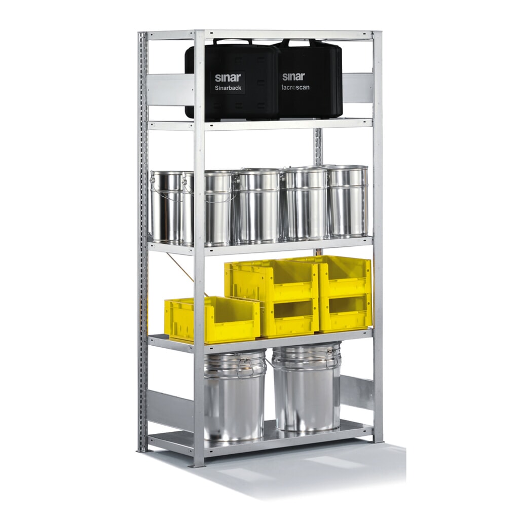 Produktabbildung: META Fachbodenregal verzinkt mit 5 Stahlblechböden, Fachlast 230 kg, HxBxT 2.000 x 1.056 x 336 mm