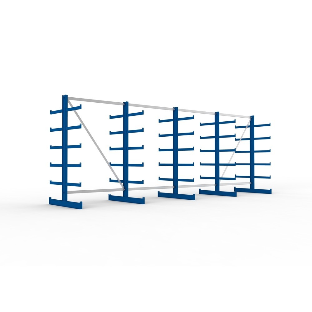 Produktabbildung: META Komplettpaket Kragarmregal, doppelseitig, Tragkraft pro Arm 200 kg, HxBxT 2.000 x 5.455 x 1.150 mm, 5 Ständer