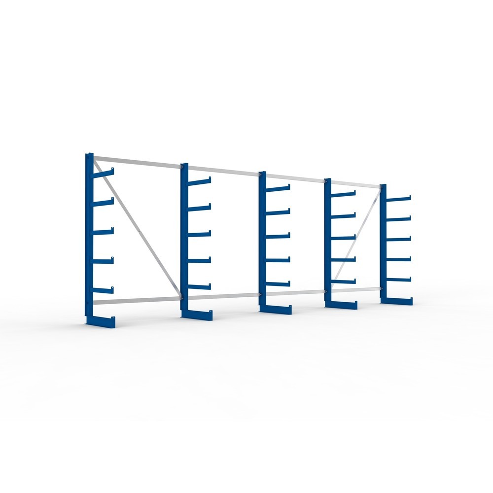 Produktabbildung: META Komplettpaket Kragarmregal, einseitig, Tragkraft pro Arm 200 kg, HxBxT 2.000 x 5.455 x 630 mm, 5 Ständer