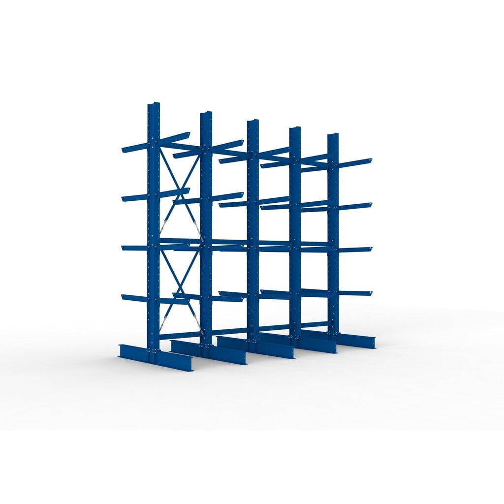 Produktabbildung: META Komplettpaket Schwerlast-Kragarmregal, doppelseitig, Tragkraft pro Arm 630 kg, HxBxT 4.000 x 4.100 x 2.020 mm, 5 Ständer