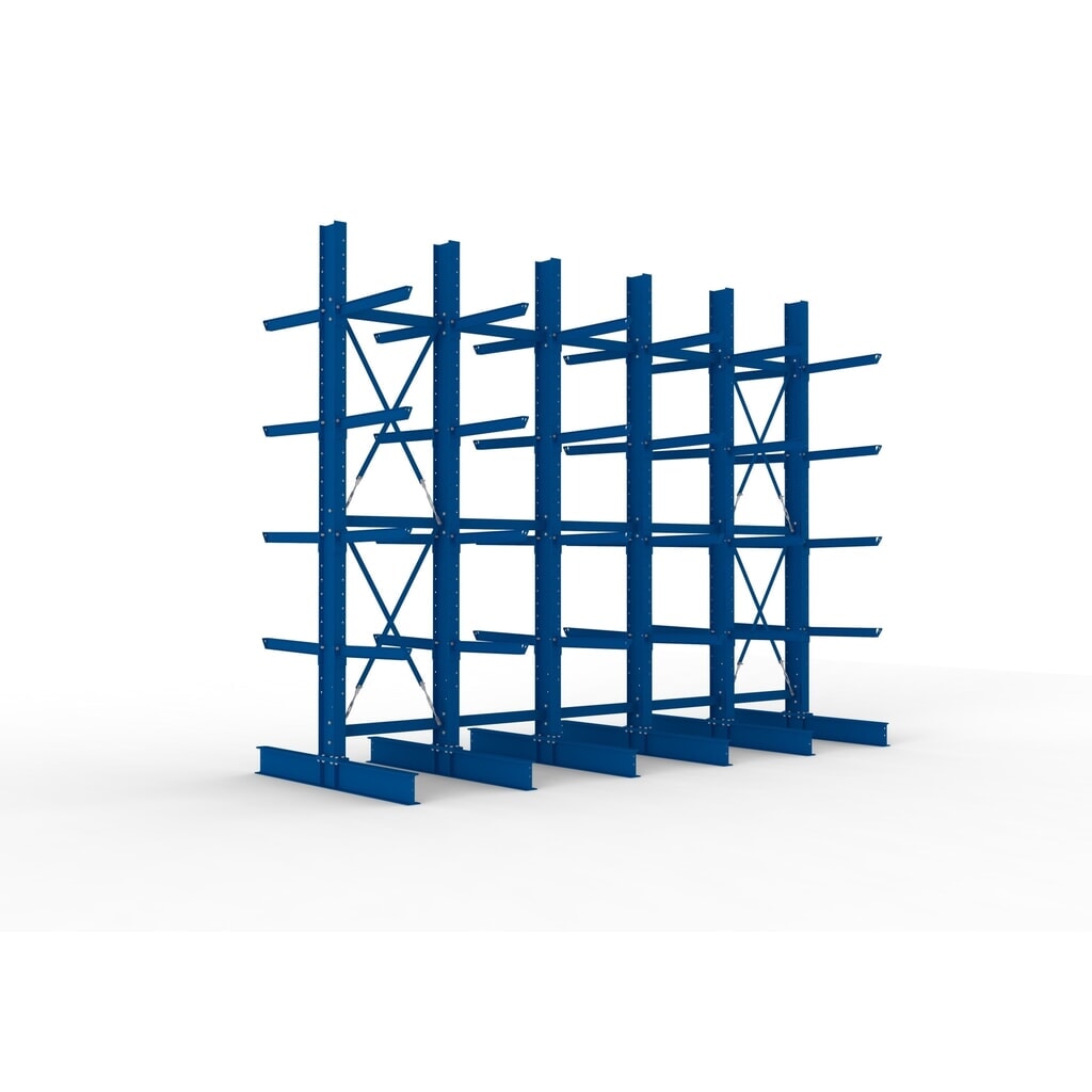 Produktabbildung: META Komplettpaket Schwerlast-Kragarmregal, doppelseitig, Tragkraft pro Arm 630 kg, HxBxT 4.000 x 5.100 x 2.020 mm, 6 Ständer
